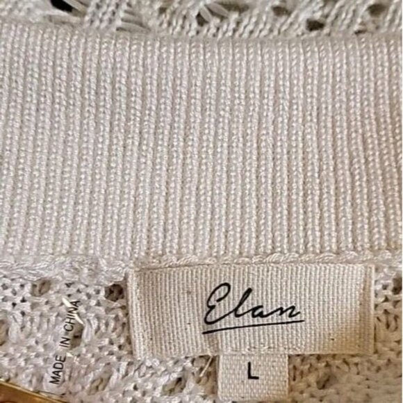 ELAN Crochet Patches Womens Large V Neck Sweater Off White Collared Cream Knit - Picture 6 of 9